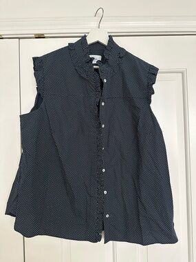 ERDEM Navy and White Polka Dot Ruffle Collar Sleeveless Blouse
